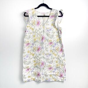 Joie Floral 100% Linen Ruffle Cap Sleeve V-Neck Dress Sz Small